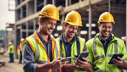 Smiling construction workers, engineer, standing, working