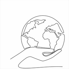Continuous line drawing of hands holding Earth globe. Vector illustration isolated on white background