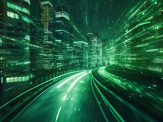 A cyber cityscape at night with bright green data lights and a highway.