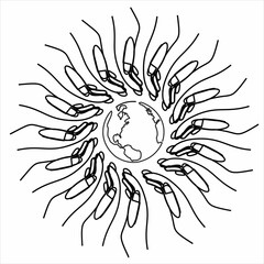 Continuous line drawing of hands holding Earth globe. Vector illustration isolated on white background