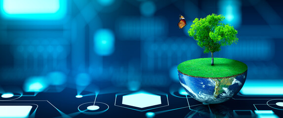 Tree growing on half of earth with green grass and butterfly. Digital and Technology Convergence....