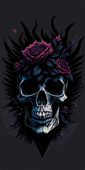 The elegance of a red rose contrasts with the morbidity of a skull and flower splash in this t-shirt design.