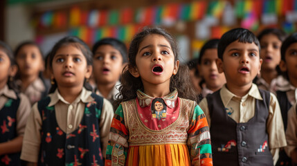 Indian kids singing in a class choir. Wearing school uniform.