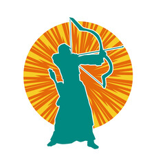 Silhouette of a male archer warrior in action pose. Silhouette of a man fighter carrying archery weapon.