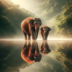 Two Elephants  in Jungle,walking in water