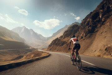 Cyclist on a mountainous road journey