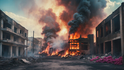 Smoke rise from burning bombed destroyed