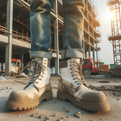 Worker wearing safety protective boot on the site - obrazy, fototapety, plakaty