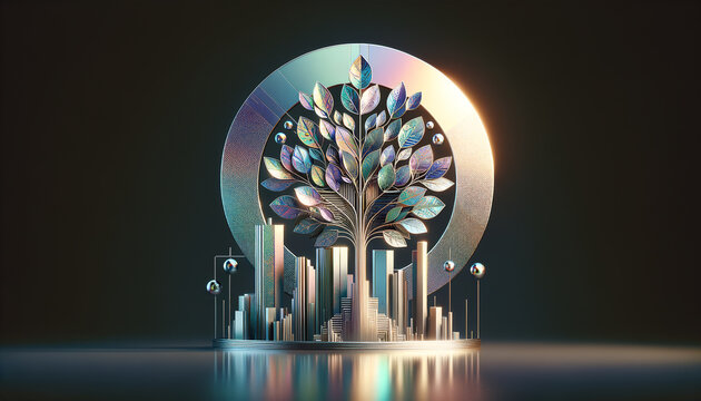Abstract metallic tree with iridescent leaves symbolizing growth and stability for small business loans