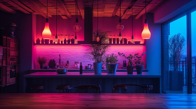 Smart lighting design interior with colorful led up lights and fixtures.