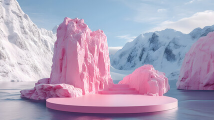 a pink, rocky landscape with a still lake in the foreground. Pink podium, positioned at the bottom of the scene, and a pink mountain range in the background