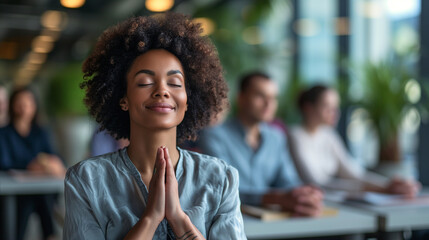 Black woman meditating or praying during a work day in the office. 