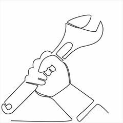 Drawing continuous line of the master's hand holds a wrench and other keys for car repair. auto service concept