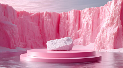 a pink, rocky landscape with a still lake in the foreground. Pink podium, positioned at the bottom of the scene, and a pink mountain range in the background