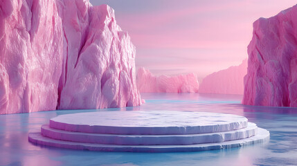 a pink, rocky landscape with a still lake in the foreground. Pink podium, positioned at the bottom of the scene, and a pink mountain range in the background