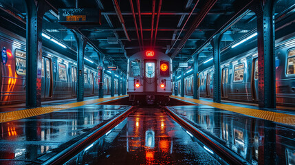 Subway at night, one train leaving the station.  - obrazy, fototapety, plakaty