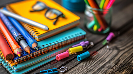 Colorful school supplies on wood table. Pencils, notebooks and pens.