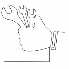 Drawing continuous line of the master's hand holds a wrench and other keys for car repair. auto service concept