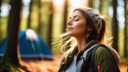 A youthful woman, eyes gently closed, inhales the crisp, invigorating air as she embraces the tranquility of a woodland camping experience.