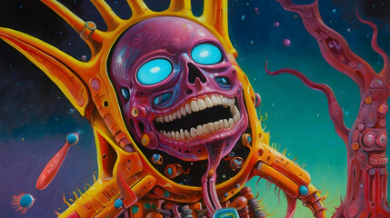 purple-skinned alien with blue eyes and yellow spikes coming out of its head. It has a wide, creepy smile and is wearing a golden helmet. The background is a gradient of blue and purple.