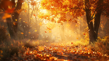 A serene path through the forest with leaves dancing in the warm autumn light.