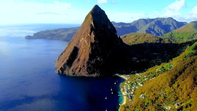 Pitons of Saint Lucia or St Lucia Caribbean at sunset in St Lucia
