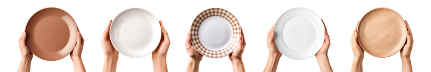 Collection of hand holds empty plate on transparent background, top view - Powered by Adobe