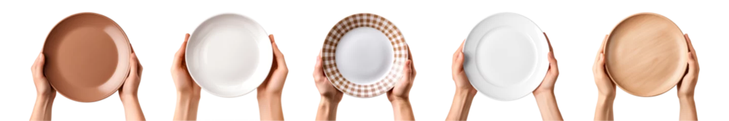 Fotobehang Collection of hand holds empty plate on transparent background, top view © agungai