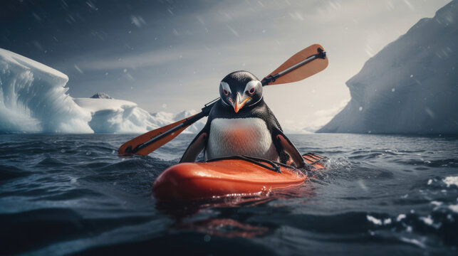 A fearless penguin kayaking through icy waters