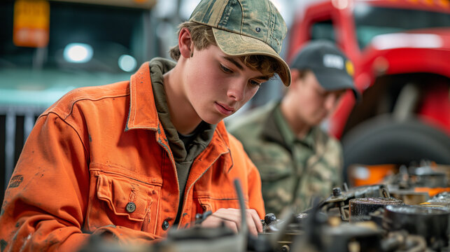 Young high school mechanic training class students.