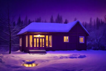 Assembled house with furniture and fittings made of plywood and yellow warm cozy lighting surrounded by winter purple light