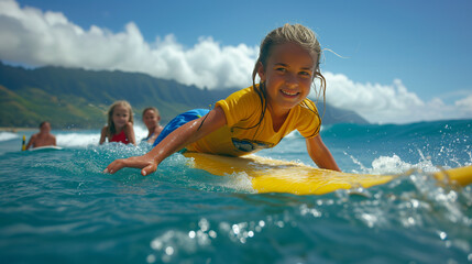 Young girl learning how to surf on the shores of Hawaii.