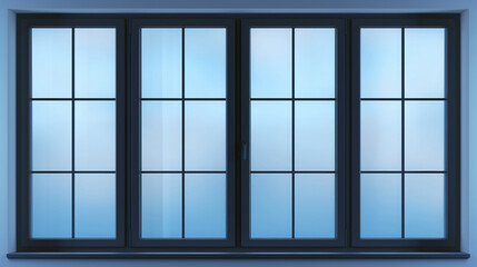 Modern windows with a clear blue sky reflection.
