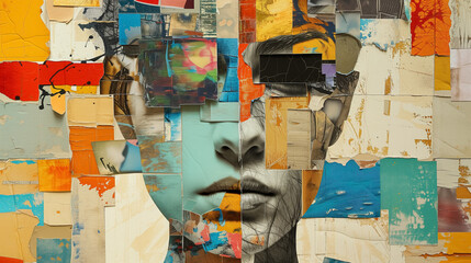 Collage of abstract pieces forming a woman's face.