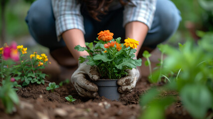 Spring time gardening, woman planting seasonal flowers in fresh sod.