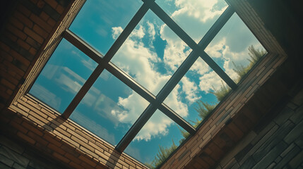 Cloudy sky view through a geometric window.