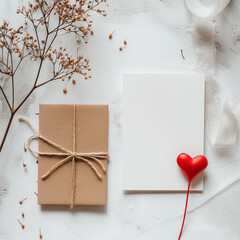 Greeting card mockup, white blank card with red hearts, flower and gift decorative around it on marble background. Valentine's day greeting card, flat lay, top view.