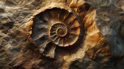 Fossilized shell in stone with warm lighting.
