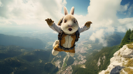 A thrill-seeking rabbit base jumping off a cliff