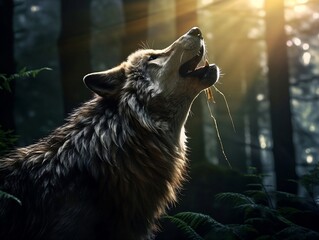 Obraz premium Wolf is howling in the forest in sunlight