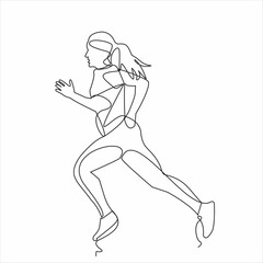 Fototapeta na wymiar Continuous one line silhouette drawn running athlete girl runner
