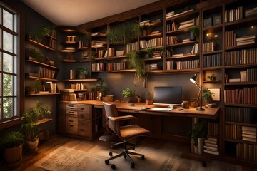 A cozy corner home office with warm ambient lighting, a vintage wooden desk, and shelves filled with books and plants, offering a perfect blend of comfort and functionality