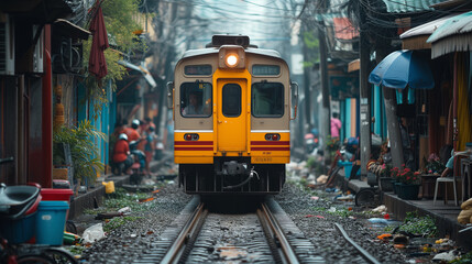 Train in a very busy Indian village, with crowded sides of the street.