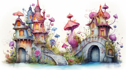 Watercolor illustrations of villages in various stories are used for decoration.