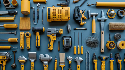 Variety of hand tools for a general contractor. Laid out on dark grey background.