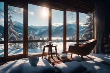 A cozy reading nook by a large window, featuring a comfortable armchair, a side table with a steaming cup of cocoa, and a blanket overlooking a serene snowy landscape