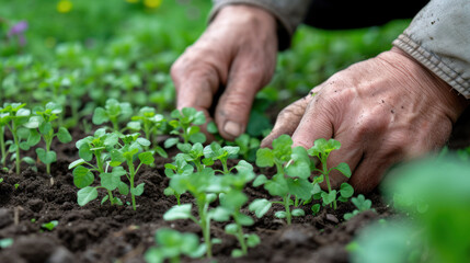 Senior Hands Nurturing Young Seedlings in Fertile Soil.