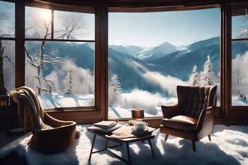 A cozy reading nook by a large window, featuring a comfortable armchair, a side table with a steaming cup of cocoa, and a blanket overlooking a serene snowy landscape - obrazy, fototapety, plakaty