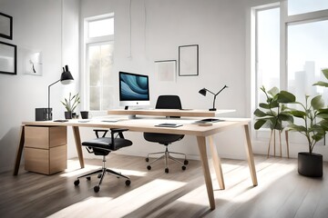 A minimalist home office bathed in natural light, featuring a sleek desk, ergonomic chair, and modern technology, creating a serene and productive workspace