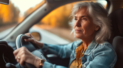 Mature woman driving car at sunset.